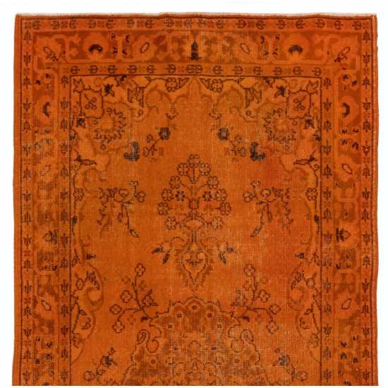 Orange Overdyed Vintage Handmade Turkish Accent Rug, Wool and Cotton Carpet. 3.8 x 7.3 Ft (114 x 220 cm)