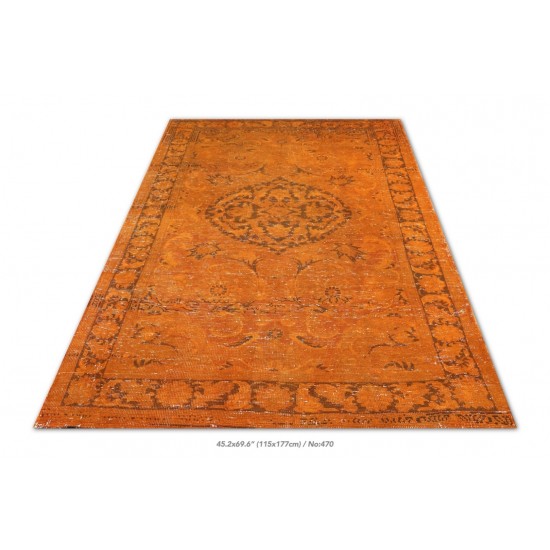 Orange Overdyed Accent Rug, 1960s Hand-Made Central Anatolian Carpet. 3.8 x 5.9 Ft (115 x 177 cm)