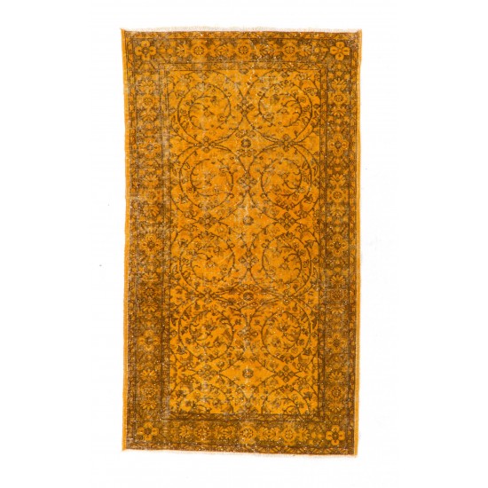 Orange Overdyed Vintage Handmade Turkish Rug, Wool and Cotton Carpet. 3.9 x 6.9 Ft (118 x 210 cm)