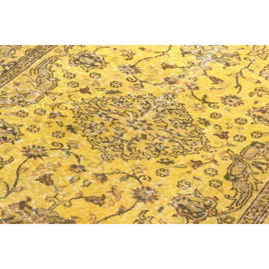 Yellow Overdyed Vintage Turkish Accent Rug, Medallion Design Handmade Carpet. 4 x 6.7 Ft (120 x 203 cm)