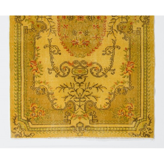 Yellow Overdyed Vintage Turkish Accent Rug, Medallion Design Handmade Carpet. 4 x 6.9 Ft (120 x 208 cm)