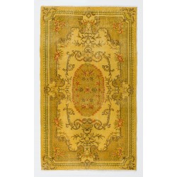 Yellow Overdyed Vintage Turkish Accent Rug, Medallion Design Handmade Carpet. 4 x 6.9 Ft (120 x 208 cm)