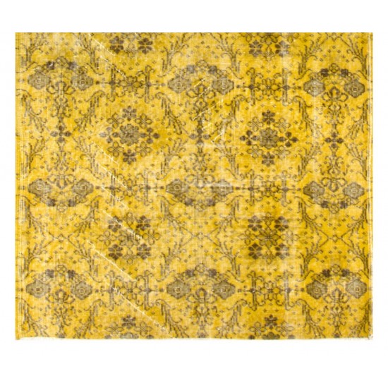 Yellow Overdyed Vintage Handmade Accent Rug, Floral Pattern Turkish Carpet. 4 x 6.9 Ft (123 x 210 cm)