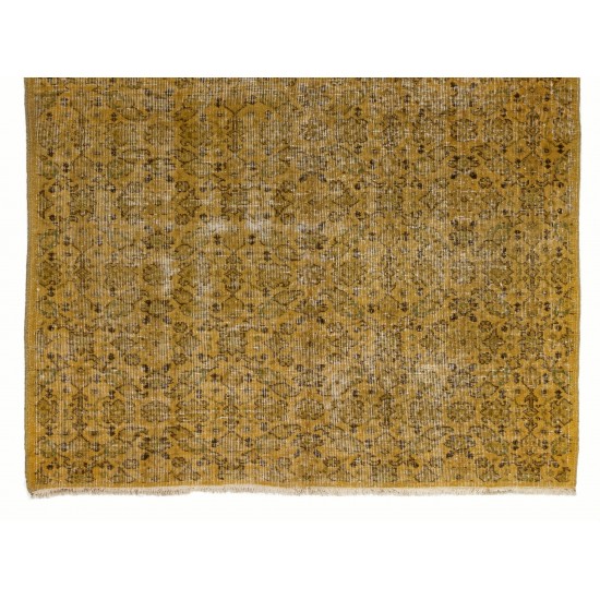 Yellow Overdyed Vintage Handmade Area Rug, Floral Pattern Turkish Carpet. 4.6 x 10.2 Ft (138 x 309 cm)