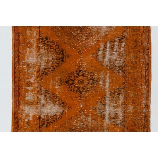 Distressed Orange Overdyed Runner Rug, Vintage Handmade Central Anatolian Hallway Carpet. 5 x 10 Ft (150 x 305 cm)