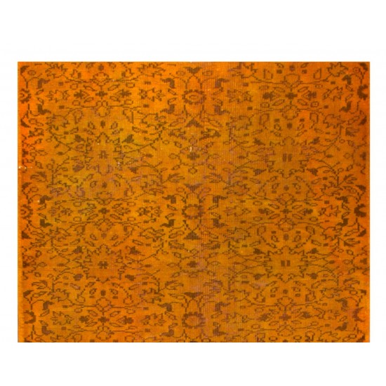 Orange Overdyed Vintage Handmade Turkish Area Rug with Floral Design. 5 x 7.7 Ft (155 x 232 cm)