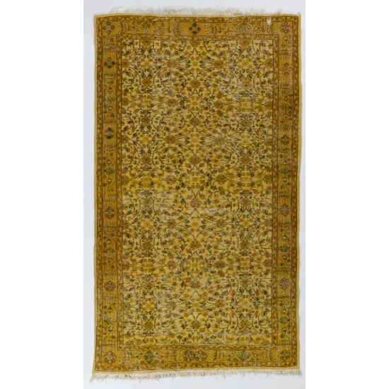 Yellow Overdyed Vintage Handmade Area Rug, Floral Pattern Turkish Carpet. 5.3 x 9 Ft (160 x 275 cm)