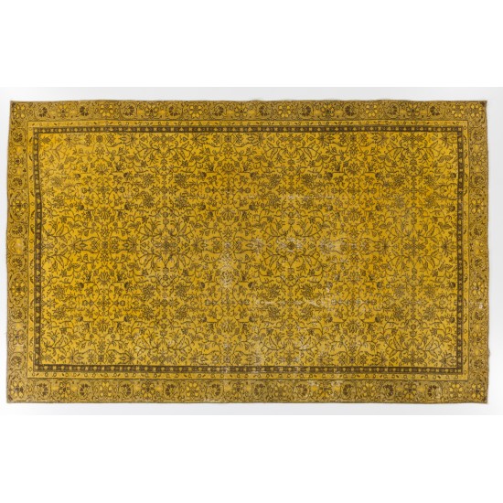 Yellow Overdyed Vintage Handmade Area Rug, Floral Pattern Turkish Carpet. 6.4 x 10.3 Ft (195 x 312 cm)