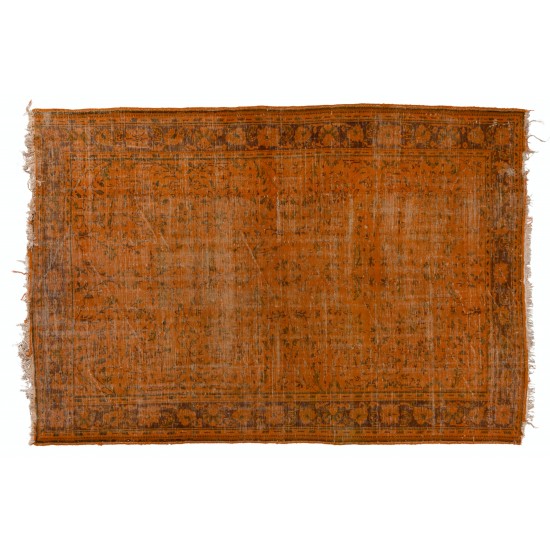 Orange Overdyed Vintage Handmade Turkish Rug, Wool and Cotton Carpet. 7.3 x 10.5 Ft (220 x 320 cm)
